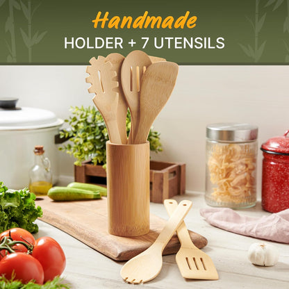 Bamboo Cooking Utensils Set 7 Pcs with Holder, Wooden Spoons for Nonstick7