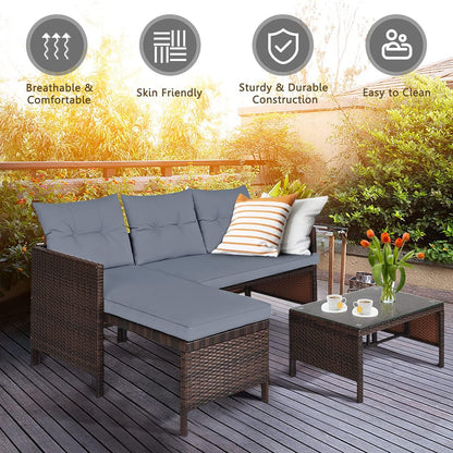 3 PCS Patio Conversation Set Sectional Rattan Wicker Sofa Set with Steel Frame & Seat Cushion, Outdoor Table & Sofa Furniture Set for Garden Lawn Pool Backyard4