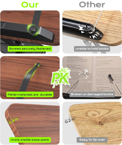 Book Stand for Reading, 360° Rotating Holder with Page Clip, Ergonomic | Adjustable Height Angle, Hands-Free, Anti-Slip Base, Fits Tablets Cookbooks Magazines Laptops, Wood and Metal, Black2
