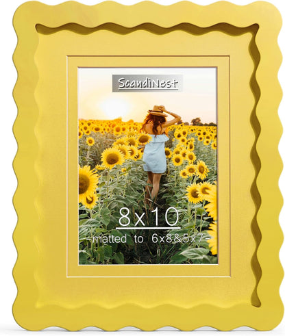 Scalloped 8X10 Picture Frame, Real Glass Wood Frame with Reversible Mat for 5X7/6X8 Prints, Wavy Edge for Wall or Tabletop, Decorative Photo Frame, Yellow1