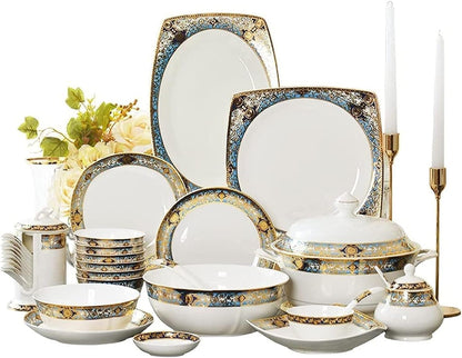 Dinnerware Sets - Luxury Gift Dishes Service Set, 80 Piece Bone China Tableware Set for 10 People, European Style Gold Pattern Dinnerware Set with Bowls and Plates, Oujinmm20243271