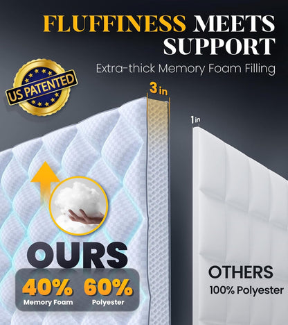 3 Inch Ultra-Fluffy Memory Foam Mattress Topper Queen for Back Pain, Soft Comfy Pillow Top Queen Mattress Topper with 4X Support, Mattress Pad with Breathable Air Mesh Sides, 6-21'' Deep Pocket2