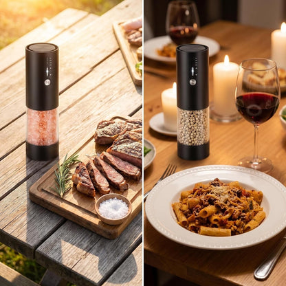 2Pack Electric Salt & Pepper Grinder Set One-Touch Operation Adjustable Coarseness Ceramic Grinding Core USB Rechargeable with LED Light for Kitchen, Restaurant, Outdoor, Black (Black+Black)7
