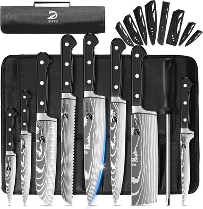 Chef Knife Sets with Roll Bag, Sharp Kitchen Knife Set with Sharpener1