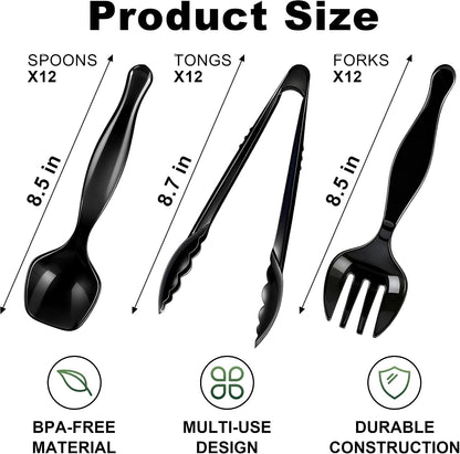 36Pcs Disposable Plastic Serving Utensils Set, 12 Black Spoons, 12 Forks, 12 Tongs, 9-Inch for Party Buffet Catering Events, Heavy Duty and Ergonomic Design2