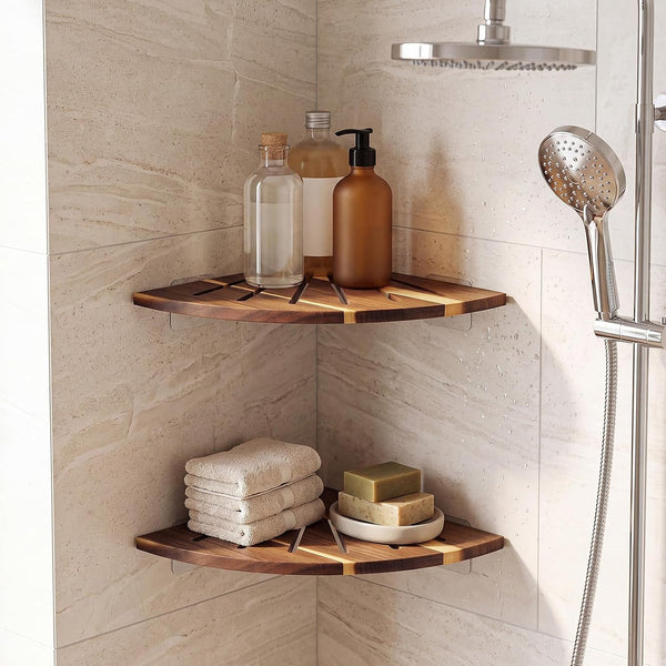 2 Pcs 10'' Acacia Wood Floating Corner Shower Shelf for Bathroom2