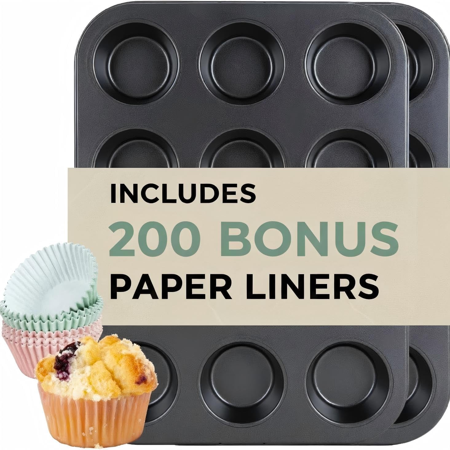 2-pack-12-cup-muffin-pan-set-carbon-steel-nonstick-cupcake-tin-includes-200-liners-durable-carbon-steel-nonstick-release-for-cupcakes-muffins-egg-bites-brownies-oven-safe-450-f