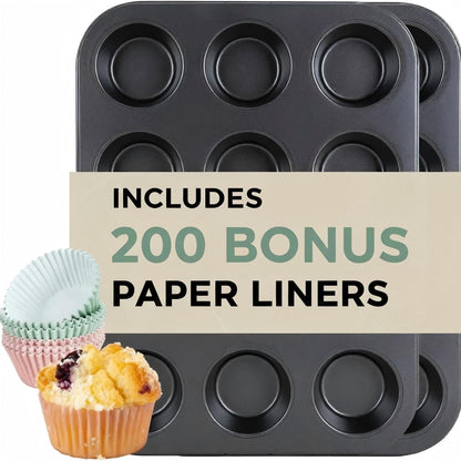 2-Pack 12-Cup Muffin Pan Set, Carbon Steel Nonstick Cupcake Tin | Includes 200 Liners, Durable Carbon Steel, Nonstick Release, for Cupcakes, Muffins, Egg Bites, Brownies, Oven Safe 450°F1