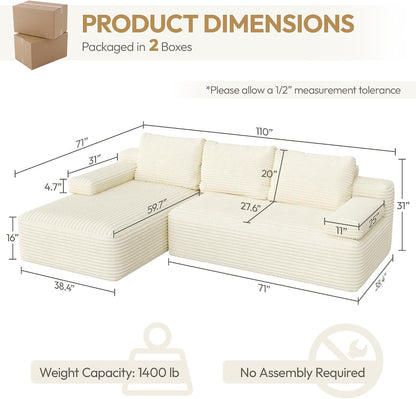 110" Sectional Sofa Boneless Couch with Chaise, Beige3