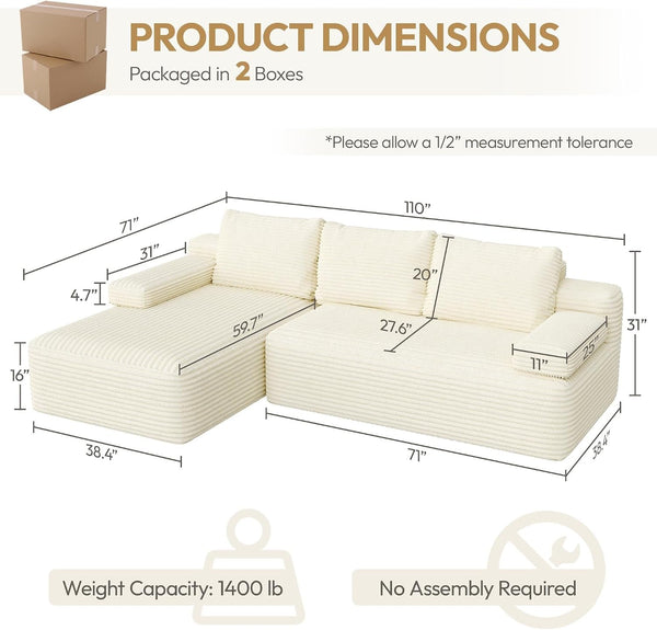110" Sectional Sofa Boneless Couch with Chaise, Beige3