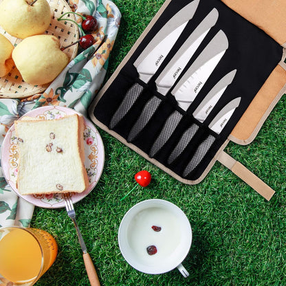 Vintage Style Kitchen Knife Sets,Scratch Resistant Camping Matte Knives with 5 Slots Recycled Oxford Cloth Knife Roll Bag & Covers,Stonewashed High Carbon Stainless Steel Blades & Hollow Handle6
