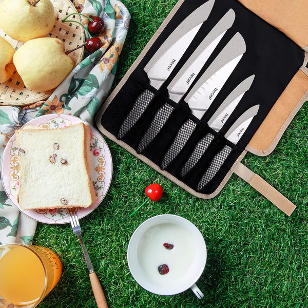 Vintage Style Kitchen Knife Sets,Scratch Resistant Camping Matte Knives with 5 Slots Recycled Oxford Cloth Knife Roll Bag & Covers,Stonewashed High Carbon Stainless Steel Blades & Hollow Handle6