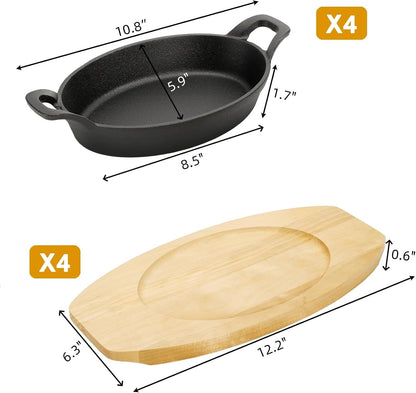 4 Pack Mini Cast Iron Fajita Skillet Set, 8.5 X 6.1 Inch Sizzling Plate with Wooden Base, Small Oval Casserole Dishes, Cast Iron Pizza Baking Steak Pan for Stove, Oven, Grill2
