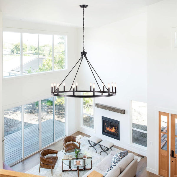 Wagon Wheel Chandelier 12 Light 38" Large Black Farmhouse Chandelier for Dining Room Rustic Country Pendant Light Fixtures Hanging Modern round Chandeliers for Living Room High Ceilings Foyer Entryway2