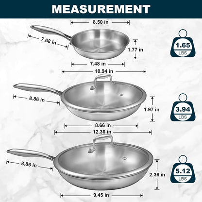 Tri-Ply Stainless Steel Frying Pans Set with Lid,  8”/10”/12” Cooking Pans, PFOA&PTFE Free Skillet, Induction Cooking Pan, Dishwasher and Oven Safe, Fast & Even Heat, Suitable for All Stove3