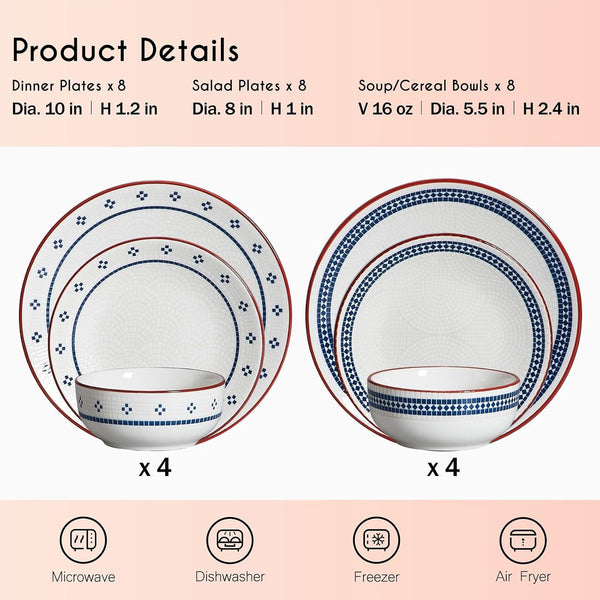 Dinnerware Sets for 8, 24-Piece Stoneware Plates and Bowls Sets for 8 Everyday Dishware Sets for 8, Microwave Safe, Scratch-Resistant, Vintage Geometric Design, Service for 84