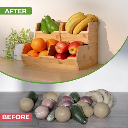 Bamboo Pantry Storage Bins – Stackable Potato & Onion Storage Bin for Kitchen Countertop, Pantry Organizer, Fruit Vegetable Basket, Multiuse - Set of 3 Slide-Out Access2