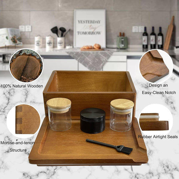 Stash Box with Tray - Large Wooden Box with Accessories Storage Stash Box Set - Decorative Wood Box for Herbs Smell Proof Box (9.5Inch)3