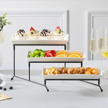 3 Tier Serving Trays, White Porcelain Serving Platters, 12 Inch | Tiered Serving Stand for Party, Fruit Tray, Trays for Serving Food, Dessert Stand with Collapsible Sturdier Metal Rack7