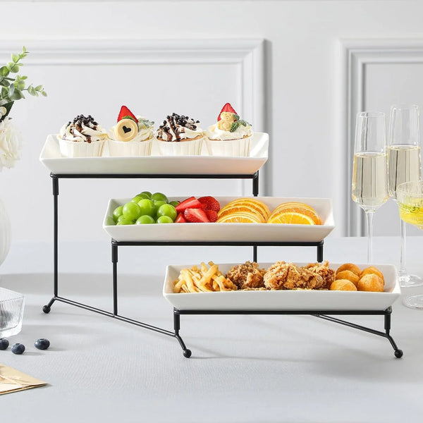3 Tier Serving Trays, White Porcelain Serving Platters, 12 Inch | Tiered Serving Stand for Party, Fruit Tray, Trays for Serving Food, Dessert Stand with Collapsible Sturdier Metal Rack7