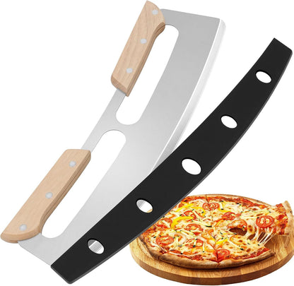 Pizza Cutter Rocker Blade with Wooden Handle, Premium 14Inch Pizza Knife Rocker Cutter with Sharp Stainless Steel Blade and Protective Cover, Slicing through Crust in One Single Rocking Motion1