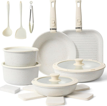 Pots and Pans Set Non Stick 20PCS, Ceramic Cookware Set Detachable Handle Non Toxic Stackable Kithchen Set, Dishwasher Oven Safe Induction Compatiable Frying Pans Pots Skillets, White1