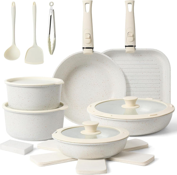 Pots and Pans Set Non Stick 20PCS, Ceramic Cookware Set Detachable Handle Non Toxic Stackable Kithchen Set, Dishwasher Oven Safe Induction Compatiable Frying Pans Pots Skillets, White1