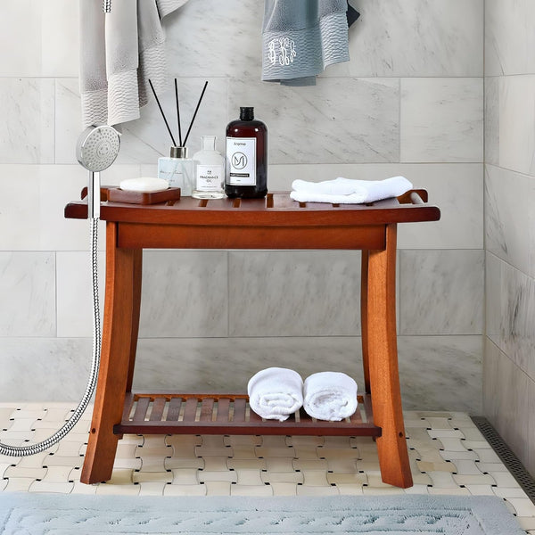 24" Teak Shower Bench, 2-Tier Shower Stool for Indoor Shower, 300Lbs7