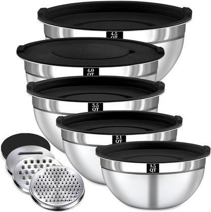 8PCS Mixing Bowls with Lids Set - 5 Nesting Mixing Bowls, 3 Grater Attachments, Lids, Stainless Steel Mixing Bowls for Mixing & Serving, Size 1.5/2.1/3.5/4/4.5 QT, Black1