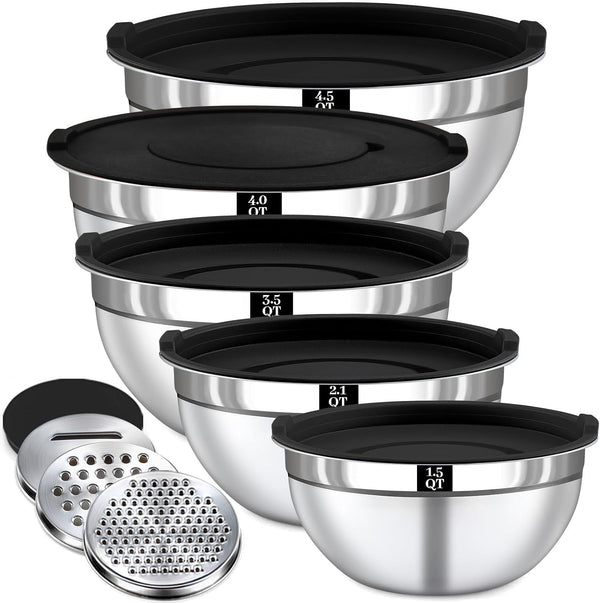 8PCS Mixing Bowls with Lids Set - 5 Nesting Mixing Bowls, 3 Grater Attachments, Lids, Stainless Steel Mixing Bowls for Mixing & Serving, Size 1.5/2.1/3.5/4/4.5 QT, Black1