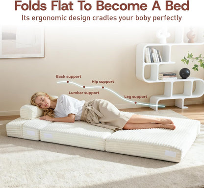 Folding Sofa Bed,Convertible Sofa Bed with Armrest Foldable Sleeper Chair, Portable Folding 4-In-1 Floor Sofa with Convertible Lounge Chair for Living Room,Bedroom,Washable Cover,White Single6
