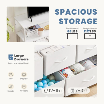 TV Stand Dresser, Media Console, Storage Drawers | 5 Fabric Open Shelf, Compact Entertainment Unit for Bedroom, Living Space, Dorm Organization, White4