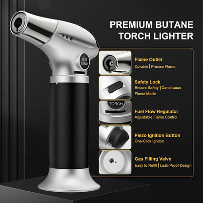 Kitchen Butane Torch with Safety Lock for Baking, Crafts & Steak | 2500°F Adjustable Continuous Flame, One-Button Piezo Ignition, Ergonomic Comfort Grip, 3 Refill Adapters(Butane Not Included)2