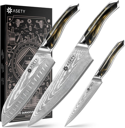 Damascus Knife Set 3 PCS, Japanese Chef Knife Set with Resin Handle | Ultra-Sharp Professional Kitchen Knives, 67-Layer Damascus Kitchen Knife Set with VG10 Steel Core, Elegant Box for Men Women1