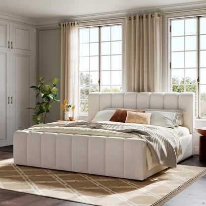 King Upholstered Bed with Thick Headboard and Footboard, Beige1