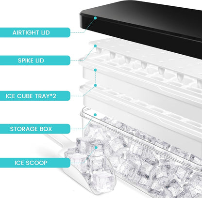 Ice Trays for Freezer with Lid & Bin, Ice Cube Tray Making 64 Pcs Ice Cubes, Easy Press to Release Ice, Ice Tray with Storage Bin Chilling Cocktail Whiskey Coffee 2 Trays 1 Ice Bucket & Scoop (Black)6