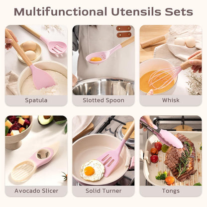 Kitchen Utensils Set, 39 PCS Silicone Cooking Utensils Set with Wooden Handle, 446°F Heat Resistant Food Grade Utensil Sets, BPA Free Kitchen Gadgets Tools Set for Nonstick Cookware (Pink)5