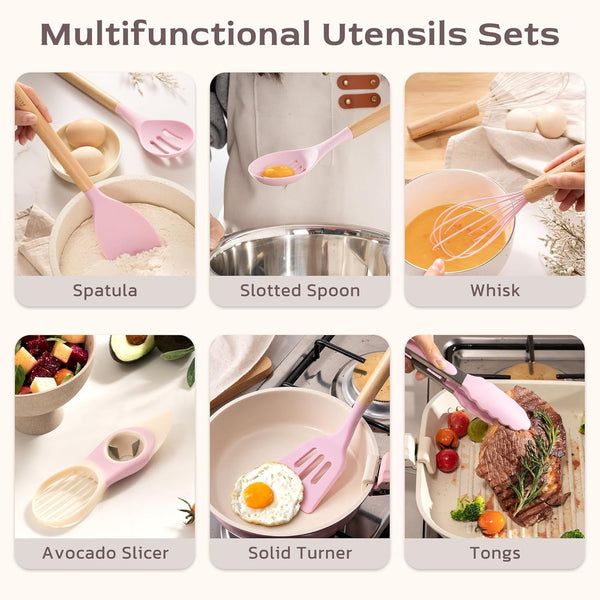 Kitchen Utensils Set, 39 PCS Silicone Cooking Utensils Set with Wooden Handle, 446°F Heat Resistant Food Grade Utensil Sets, BPA Free Kitchen Gadgets Tools Set for Nonstick Cookware (Pink)5