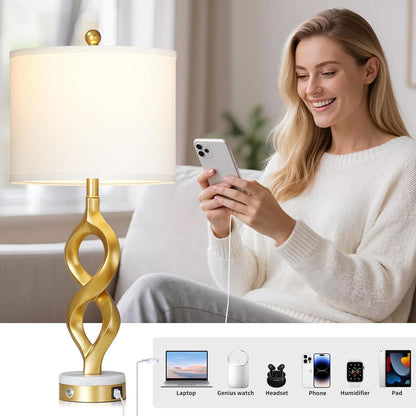 White and Gold Table Lamps Set of 2 for Living Room, 30" Tall Touch Control Bedside Lamps for Bedroom Nightstand, 3-Way Dimmable Modern Decorative Table Lamp with USB A+C Ports and 2 LED Bulbs5