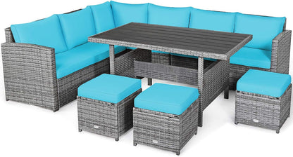 7 Pieces Patio Furniture Set, Outdoor Sectional Rattan Dining Sofa Set with Cushions, All Weather Wicker Conversation Couch Set with Dining Table & Ottomans for Yard Garden Poolside9