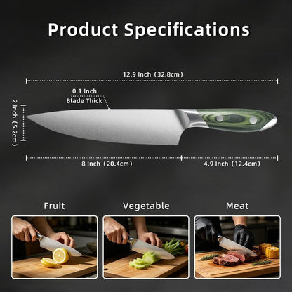 8 Inch Stainless Steel Kitchen Chef Knife, Green Pakkawood Handle3