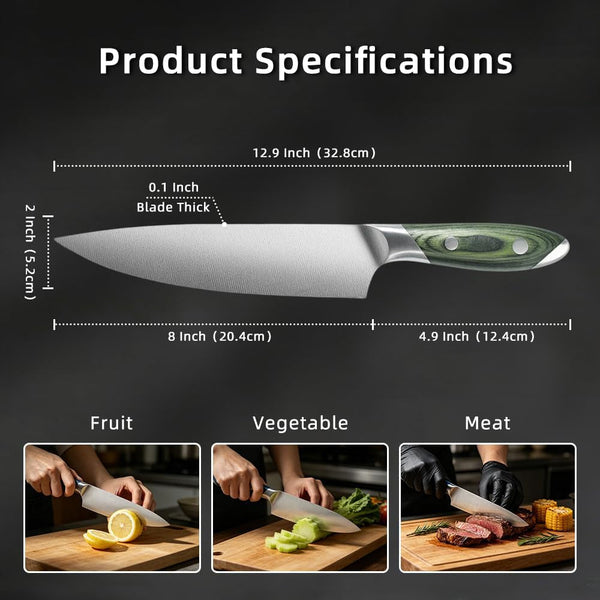 8 Inch Stainless Steel Kitchen Chef Knife, Green Pakkawood Handle3