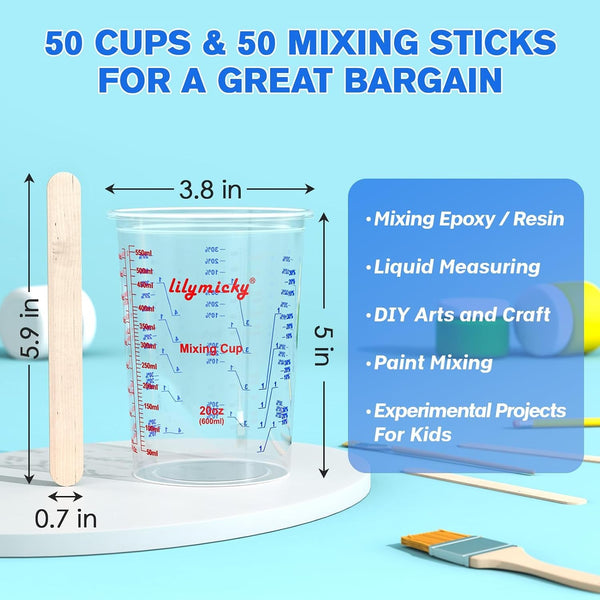 50 Pack Plastic Mixing Cups, 20 Oz Measuring Cups with 50 Mixing Sticks4