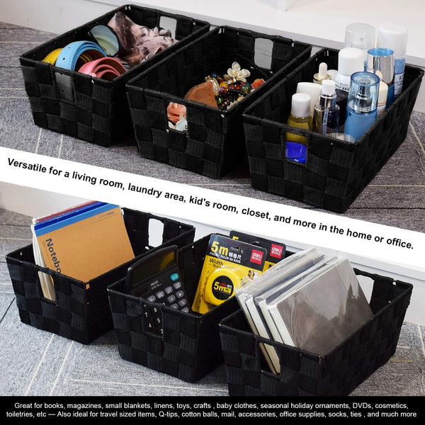 Woven Black Storage Baskets Shelf Tote Boxes Container, Durable Storage Organizer Bins with Built-In Handles for Bedroom, Office, Closet, Kids Room, Nursery, 3-Pack,11.4”X 6.5”X 4.5”2
