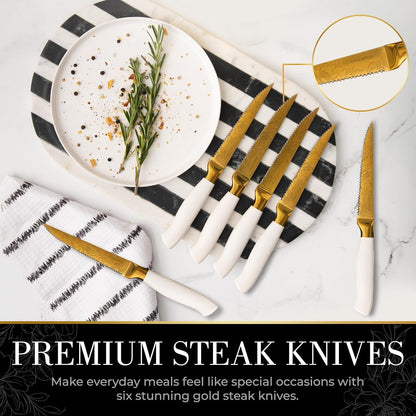White and Gold Knife Set with Elegant Floral Pattern, 14-PC | Golden Titanium-Coated Stainless Steel Gold Knives with Block, Ultra-Sharp, Durable Kitchen Knife Block Set5
