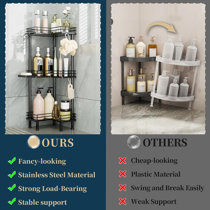 Corner Shower Caddy Standing - 3-Tier Stainless Steel Shower Organizer with Soap Holder and 4 Hooks, Large Capacity Corner Shelf Stand for Bathroom, Rest Room, Black+2