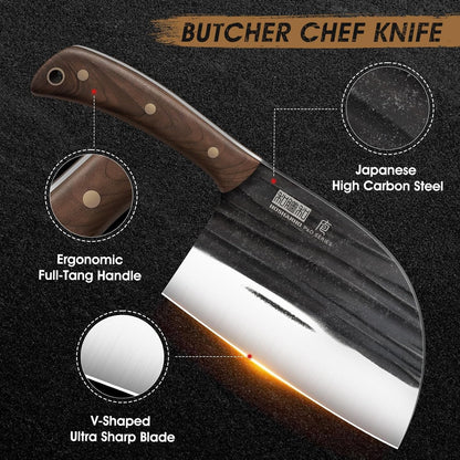 8 Pieces Butcher Kitchen Knife Set, Hand Forged High Carbon Stainless Steel Magnetic Knife Block Set & 6.5 Inch Serbian Chef Knife, High Carbon Steel Meat Cleaver Knife for Meat Cutting4