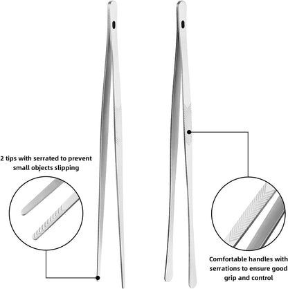 2PCS 12" Stainless Steel Kitchen Tongs Tweezers with Serrated Tips | Precision Grip, Chef Grade, Sturdy Kitchen Utensils, for Serving Food Pasta Salad, Suitable for Grill BBQ Culinary Use3