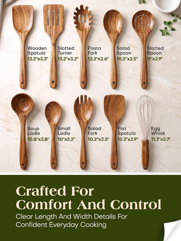 AIUHI 10 Pcs Wooden Spoons for Cooking, Teak Wooden Utensil Set for Nonstick Cookware, Wooden Kitchen Utensils Set with Whisk and Spaghetti Server3