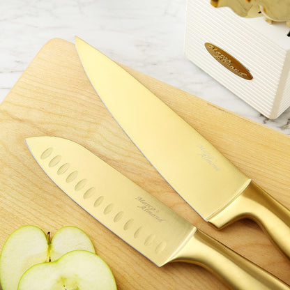 ® Gold Knife Set, Knife Block Set Ma21,Titanium Coated 14 Pieces Stainless Steel Chef Gold Kitchen Knife Sets with White Block | Forged Stainless Steel,Razor Sharp,Non-Stick&Anti-Rust,Restaurant Grade,Ergonomic Handles,Full Tang,Gift Box3
